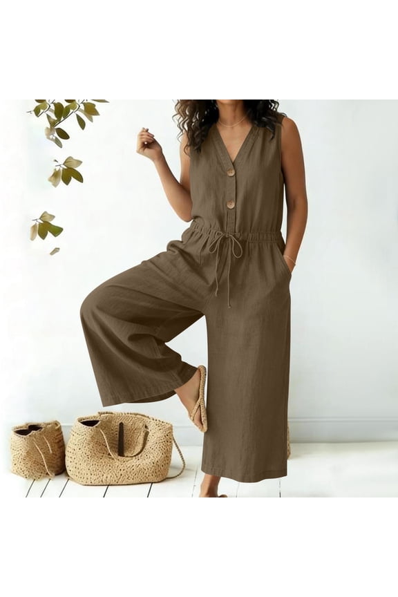 Jumpsuits for Women V Neck Adjustable Waist Slim Flowy Boho Rompers Cotton Linen Plus Size Summer Lounge Beach One Piece Overalls, S-3XL