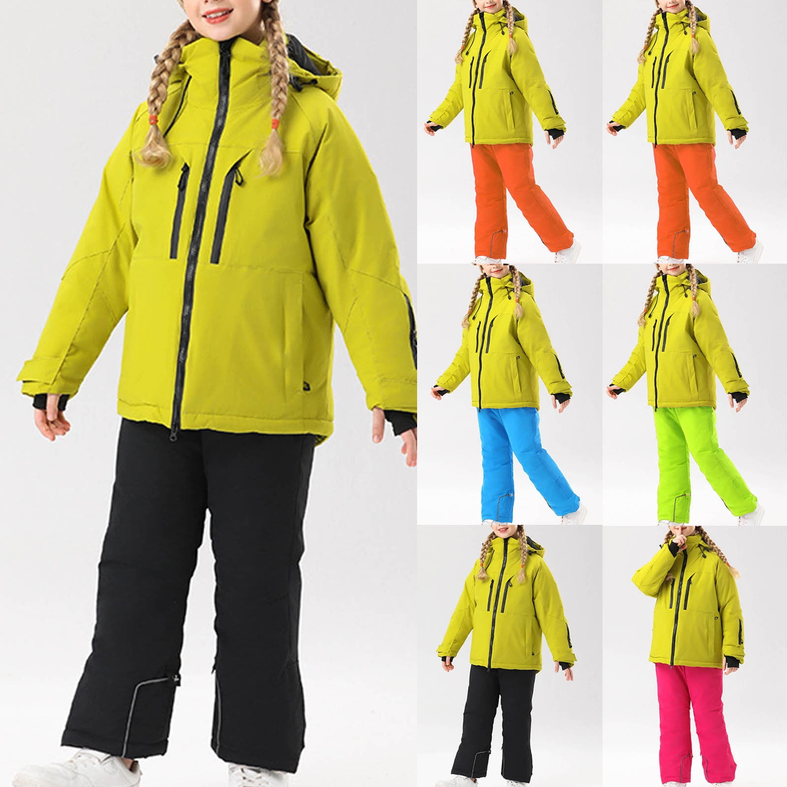 Axiiglly Kids Snow Suit Solid Color Hooded Jacket Elastic Waist Pant with Pockets for Girls Boys ...