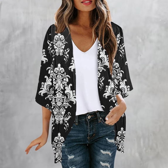 Axiiglly Kimonos for Women 3/4 Sleeve Chiffon Floral Open Front Cardigan Summer Beach Bathing Suit Cover Up, S-2XL