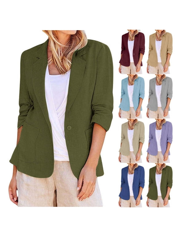 Linen Blazers for Women Notch Lapel Dressy Jacket 3/4 Sleeve Button Front Blazer Casual Work Office Suit Jackets