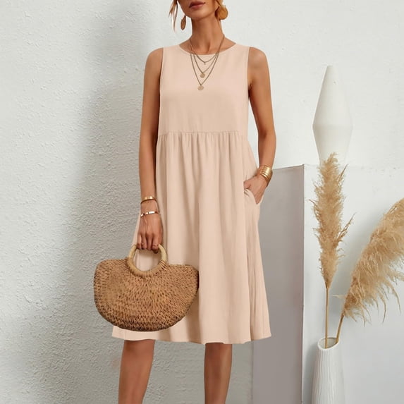 Axiiglly Linen Dress Women Crewneck Sleeveless Knee Length Boho Midi Dresses with Pockets Summer Flowy Beach Sundresses, S-5XL