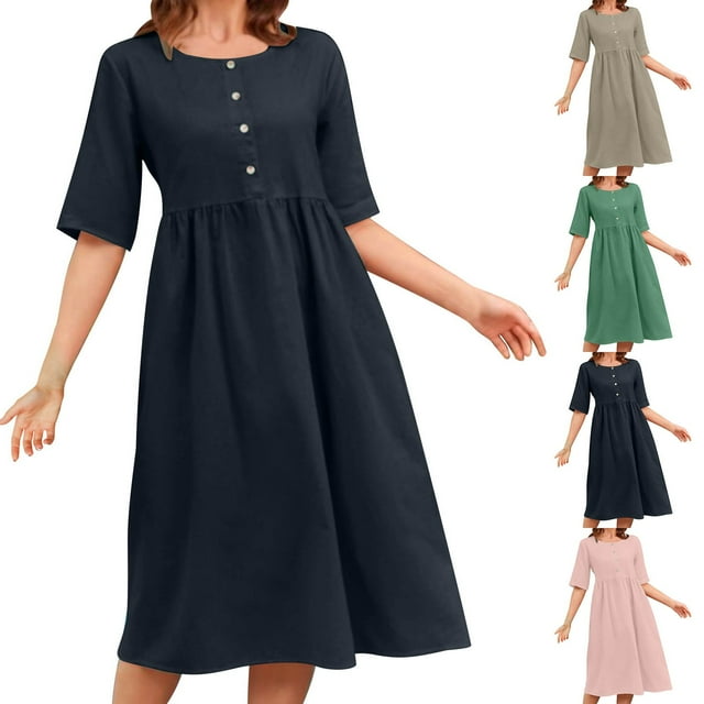 Axiiglly Linen Dress for Women Solid Color Plus Size Dresses Half ...