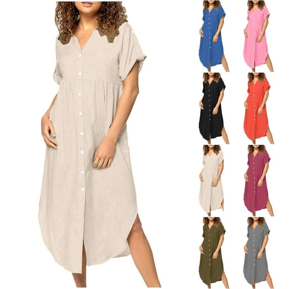 Horkkom Linen Dress for Women V Neck Midi Dresses Short Sleeve Casual Dress Summer Solid Color Button Shirt Dresses
