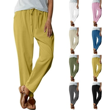 Axiiglly Linen Pants Women Casual Comfy Cotton Pants Drawstrings Straight Leg Pants with Pockets Solid Color Elastic Waist Pants