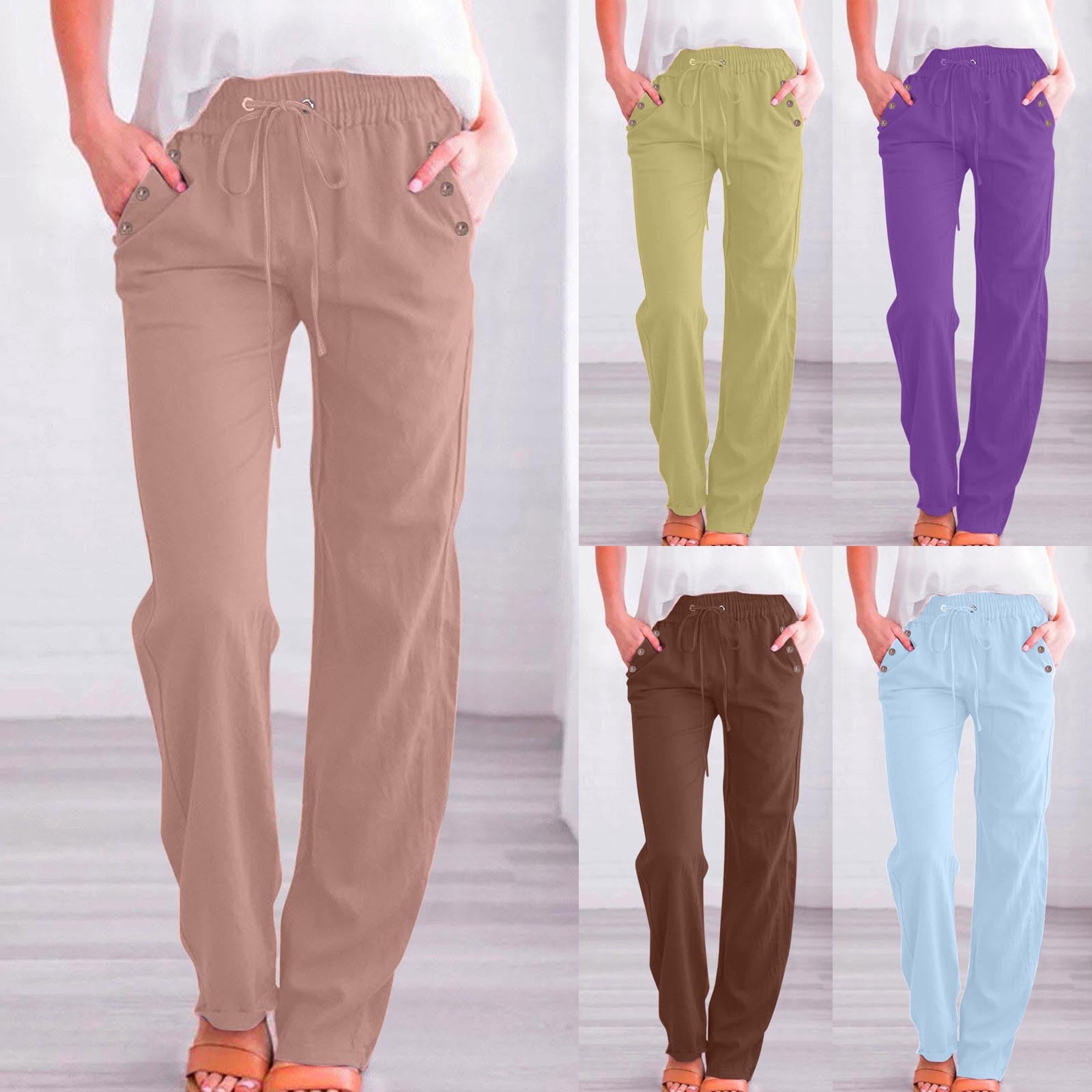 100% Linen Women Straight Leg Pants With Belt