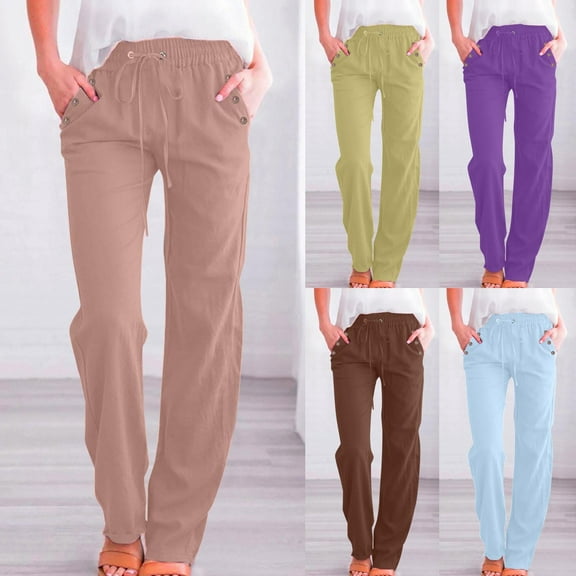 Horkkom Linen Pants Women Drawstrings Straight Leg Pants Casual Comfy Cotton Pants with Pockets Plus Size Button Elastic Waist Pants