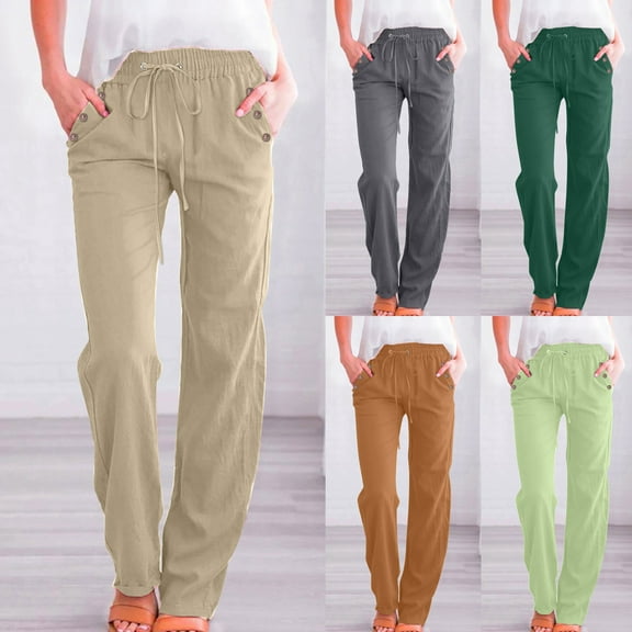 Horkkom Linen Pants Women Drawstrings Straight Leg Pants Casual Comfy Cotton Pants with Pockets Plus Size Button Elastic Waist Pants