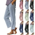 thumbnail image 1 of Horkkom Linen Pants Women Elastic Waist Summer Pants Loose Soft Cotton Pants Striped Printed Casual Beach Pants with Pockets, 1 of 4