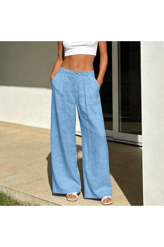 Linen Pants Women Mid Rise Wide Leg Zipper Button Back Elastic Waist Cotton Pocket Pants for Summer Beach Vacation, S-2XL
