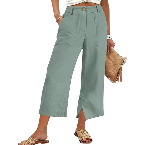 Axiiglly Linen Pants Women Wide Leg Zipper Button Summer Pants with Pockets Lightweight Beach Boho Cropped Pants, S-3XL