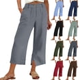 thumbnail image 1 of Axiiglly Linen Pants Women Wide Leg Zipper Button Summer Pants with Pockets Lightweight Beach Boho Cropped Pants, S-3XL, 1 of 6