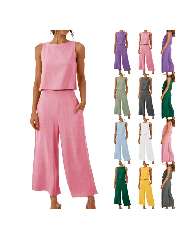 Linen Sets for Women 2 Piece Solid Color Tank Tops Wide Leg Pants with Pockets Casaul Soft Cotton Matching Sets Plus Size Summer Beach Vacation Outfits