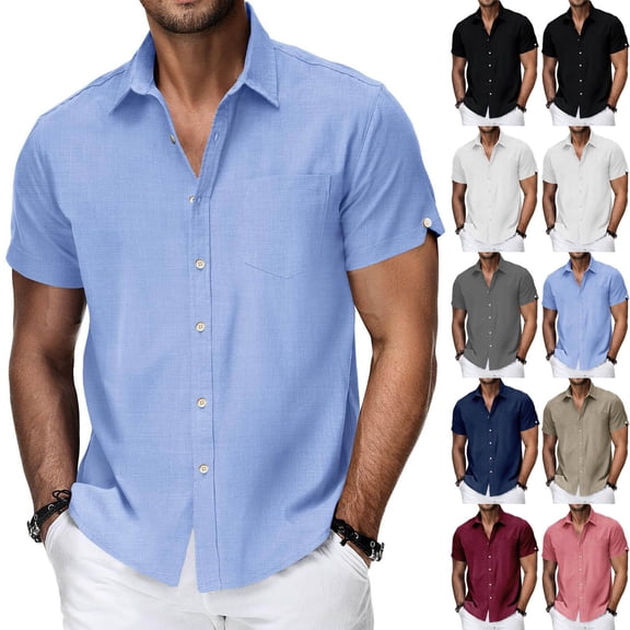 Axiiglly Linen Shirts for Men Button Down Short Sleeve Summer Casual Cotton Pocket Shirt Fashion Beach Vacation Wedding Shirts, S-2XL