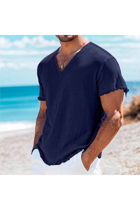 Linen Shirts for Men Short Sleeve V Neck Boho Vintage Frayed Hem Beach Holiday T Shirts Summer Relaxed Fit Casual Tops, S-4XL