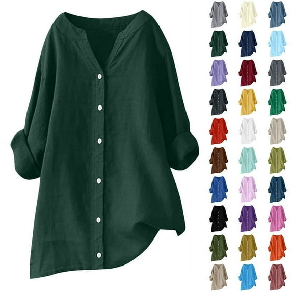 Horkkom Linen Shirts for Women Casual Soft Cotton Shirts Solid Color Oversized Shirts Long Sleeve Blouses Tops Loose V Neck Button Down Shirts