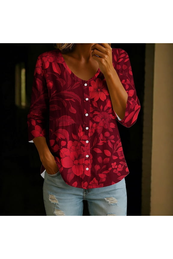 Linen Tops for Women Floral Print 3/4 Sleeve V Neck Button Down Peplum Summer Blouses, Gifts for Mom, S-2XL