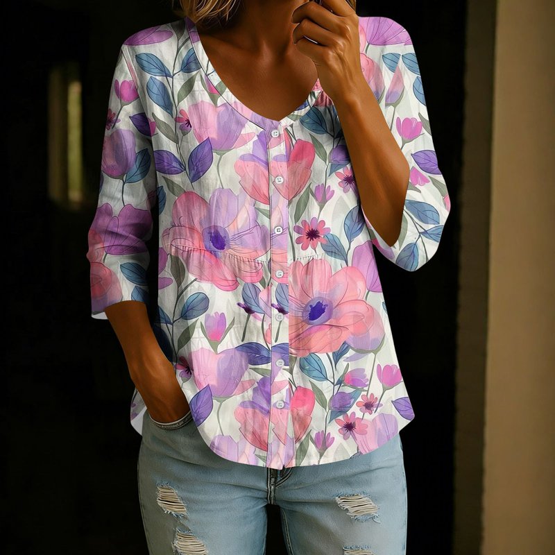 Linen Tops for Women Floral Print 3/4 Sleeve V Neck Button Down Peplum Summer Blouses, Gifts for Mom, S-2XL