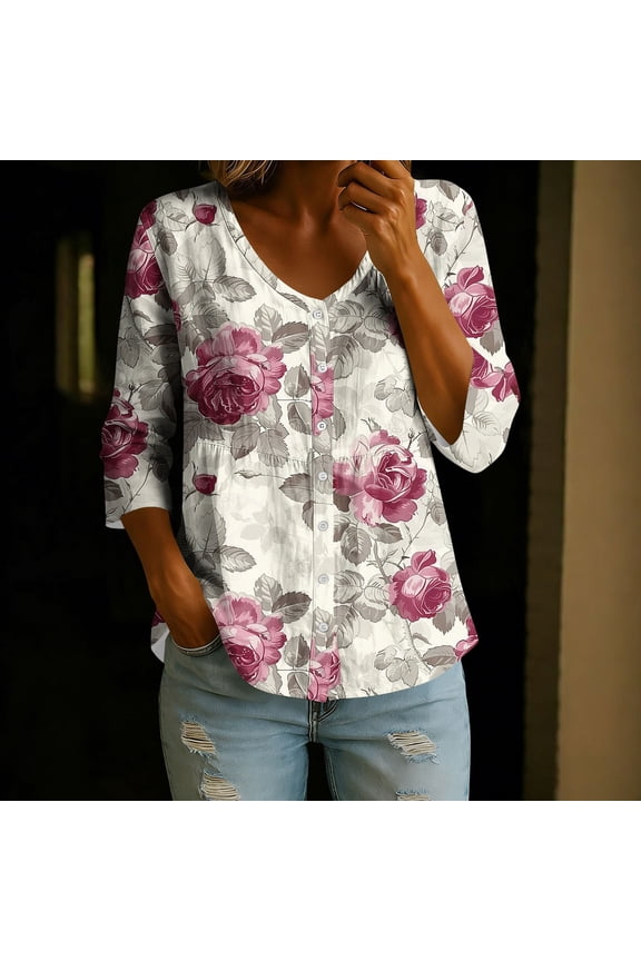 Linen Tops for Women Floral Print 3/4 Sleeve V Neck Button Down Peplum Summer Blouses, Gifts for Mom, S-2XL