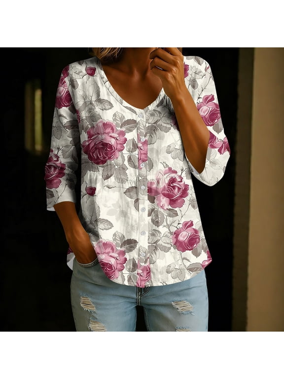Linen Tops for Women Floral Print 3/4 Sleeve V Neck Button Down Peplum Summer Blouses, Gifts for Mom, S-2XL
