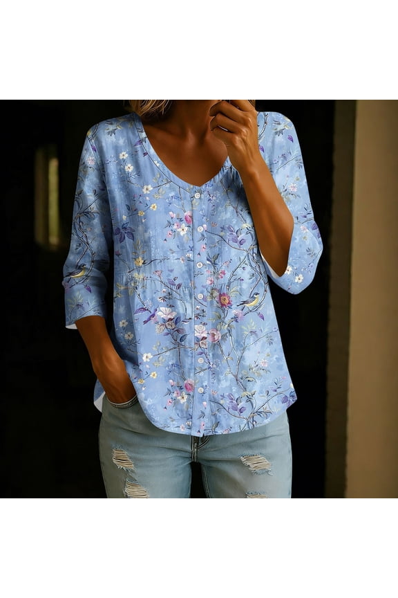 Linen Tops for Women Floral Print 3/4 Sleeve V Neck Button Down Peplum Summer Blouses, Gifts for Mom, S-2XL