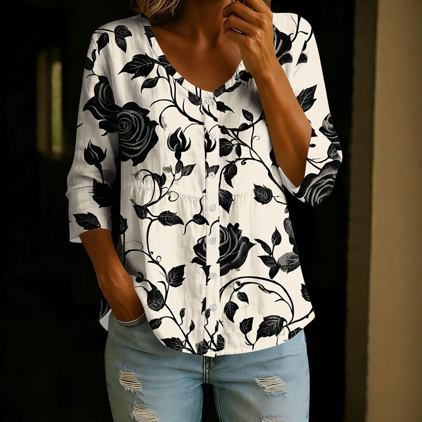 Axiiglly Linen Tops for Women Floral Print 3/4 Sleeve V Neck Button ...