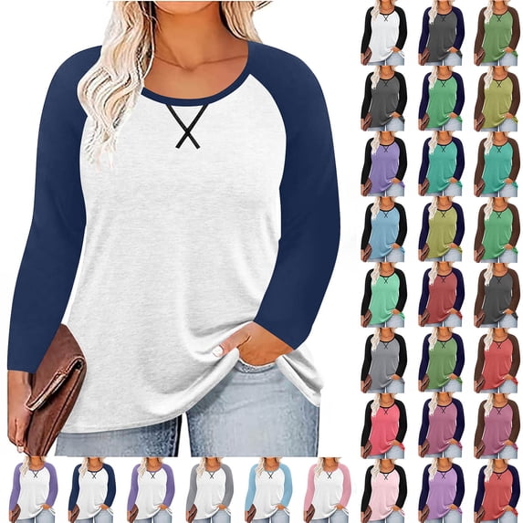 Horkkom Long Sleeve Blouses for Women Plus Size Crew Neck Fall Tops Casual Plus Size Shirts S
