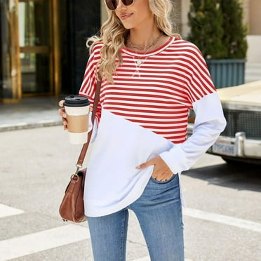 Axiiglly Long Sleeve Shirts for Women Color Block Trendy Striped Shirt Loose Crewneck Pullover Tunic Tops Casual Plus Size Soft Lightweight Sweatshirt on Clearance