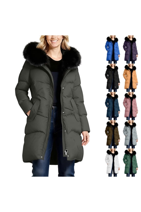 Long Winter Coats for Women Plus Size Fleece Zip Up Jackets with Hood Pockets Warm Solid Color Long Sleeve Overcoats XL