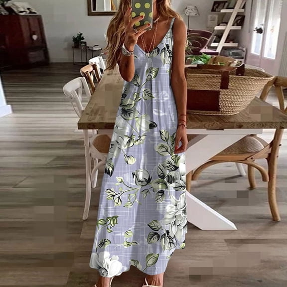 Axiiglly Maxi Dresses for Women Plus Size Spaghetti Strap Boho Dresses Casual Floral Printed Ruffle Sundresses Summer Flowy Beach Dresses