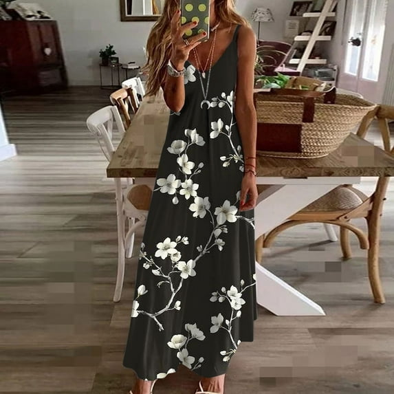 Axiiglly Maxi Dresses for Women Plus Size Spaghetti Strap Boho Dresses Casual Floral Printed Ruffle Sundresses Summer Flowy Beach Dresses