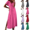 thumbnail image 1 of Horkkom Maxi Dresses for Women Short Sleeve V Neck Summer Dresses Casual Loose Solid Color Long Dresses Slit Side L, 1 of 6