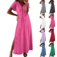 thumbnail image 1 of Horkkom Maxi Dresses for Women Short Sleeve V Neck Summer Dresses Casual Loose Solid Color Long Dresses Slit Side XXL, 1 of 6