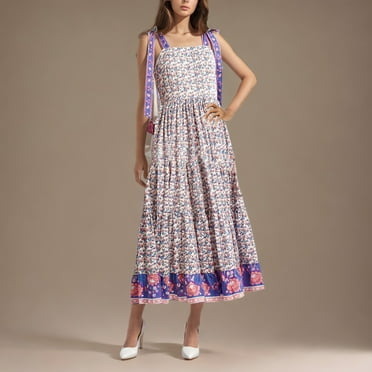 Axiiglly Maxi Dresses for Women Spaghetti Strap Boho Dresses Floral Printed Ruffle Sundresses Summer Flowy Beach Dresses on Clearance