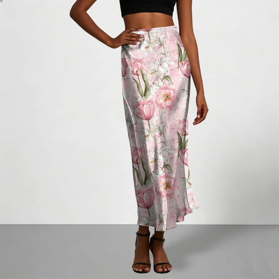 Axiiglly Maxi Skirts for Women High Waisted Satin Silk Floral Print Summer Beach Boho Flowy Long Skirts, S-2XL