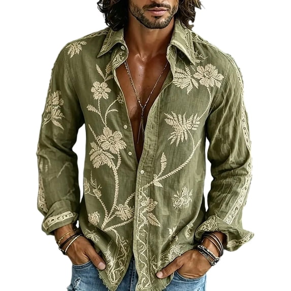 Axiiglly Men's Button Up Shirts Boho Floral Printed Long Sleeve Regular Fit Shirt