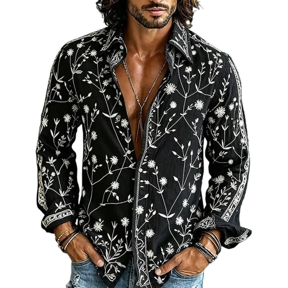 Axiiglly Men's Button Up Shirts Boho Floral Printed Long Sleeve Regular Fit Shirt