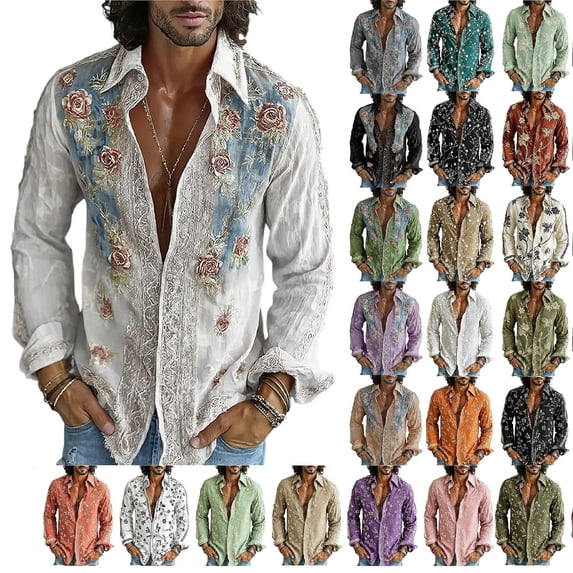 Axiiglly Men's Button Up Shirts Boho Floral Printed Long Sleeve Regular Fit Shirt
