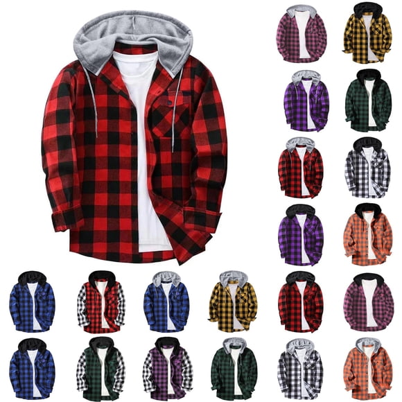 Axiiglly Men's Flannel Shirt Stylish Button Down Drawstring Plaid Hoodie Casual Long Sleeve Fall Hoodies with Flat Pocket S-XXXL