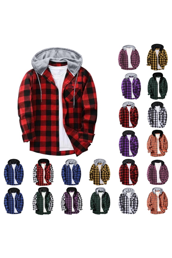 Men's Flannel Shirt Stylish Button Down Drawstring Plaid Hoodie Casual Long Sleeve Fall Hoodies with Flat Pocket S-XXXL