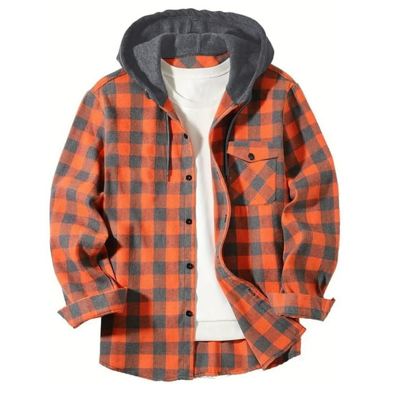Axiiglly Men's Flannel Shirt Stylish Button Down Drawstring Plaid Hoodie Casual Long Sleeve Fall Hoodies with Flat Pocket S-XXXL