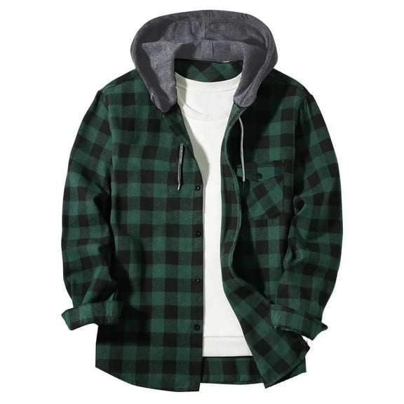 Axiiglly Men's Flannel Shirt Stylish Button Down Drawstring Plaid Hoodie Casual Long Sleeve Fall Hoodies with Flat Pocket S-XXXL
