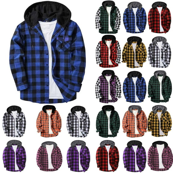 Axiiglly Men's Flannel Shirt Stylish Button Down Drawstring Plaid Hoodie Casual Long Sleeve Fall Hoodies with Flat Pocket S-XXXL