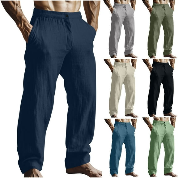 Axiiglly Mens Casual Pants Elastic Waist Soft Long Pants Zipper Lightweight Wide Leg Pants Loose Baggy Beach Pant with Pockets M