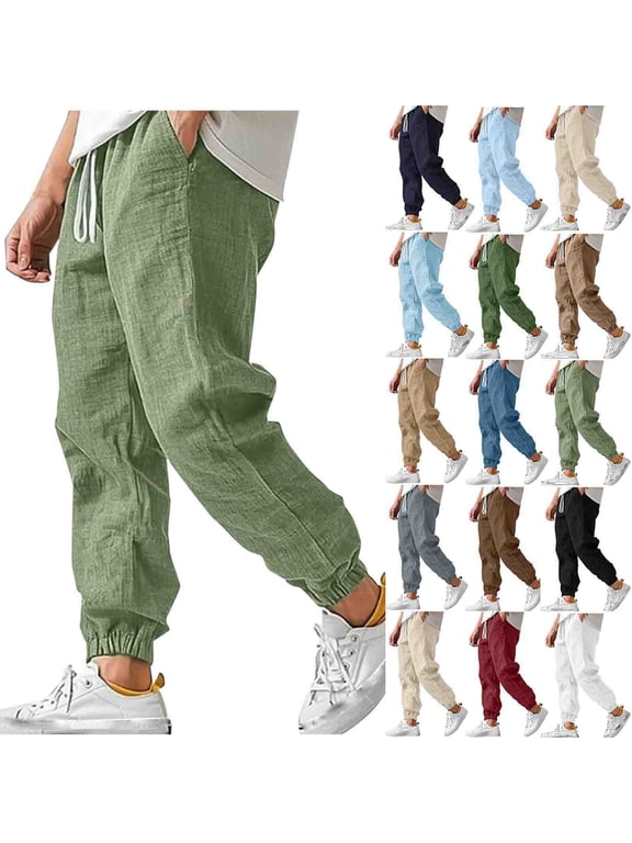 Mens Cotton Linen Pants, Drawstring Waist Lightweight Joggers with Pockets, Relax Fit Hiking Casual Cuffed Trouser, S-3XL White