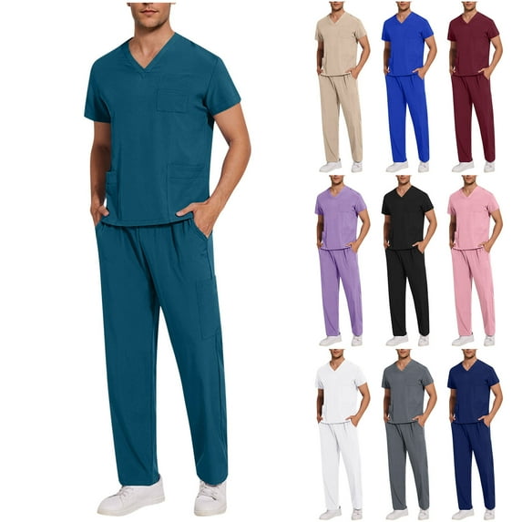 Axiiglly Mens Scrubs Set, Nursing Uniform Workwear Sets, Stretch V-Neck Scrub Joggers Set with Multi Pockets, Available in 10 Colors