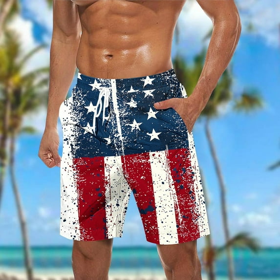 Horkkom Mens Shorts 4th of July Swim Trunks Independence Day Bathing Suit Elastic Waist Board Shorts Patriotic Casual Plus Size Shorts with Pockets