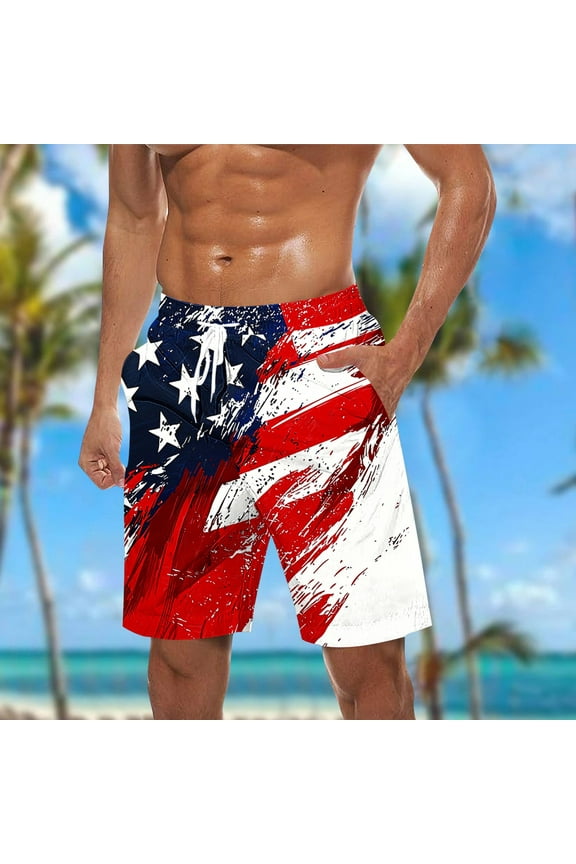 Mens Shorts 4th of July Swim Trunks Independence Day Bathing Suit Elastic Waist Board Shorts Patriotic Casual Plus Size Shorts with Pockets