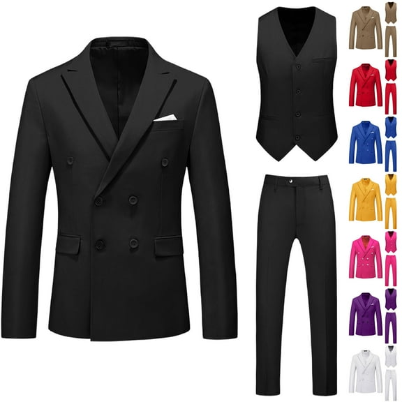 Horkkom Mens Suits 3 Piece Double Breasted Blazer Classic Fit Suit Vest Dress Pants Suits for Party Wedding and Business