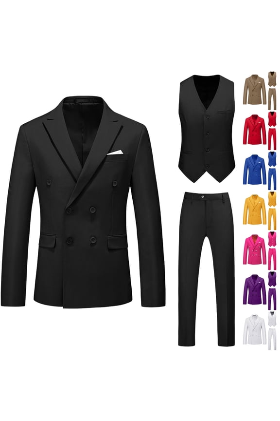 Mens Suits 3 Piece Double Breasted Blazer Classic Fit Suit Vest Dress Pants Suits for Party Wedding and Business