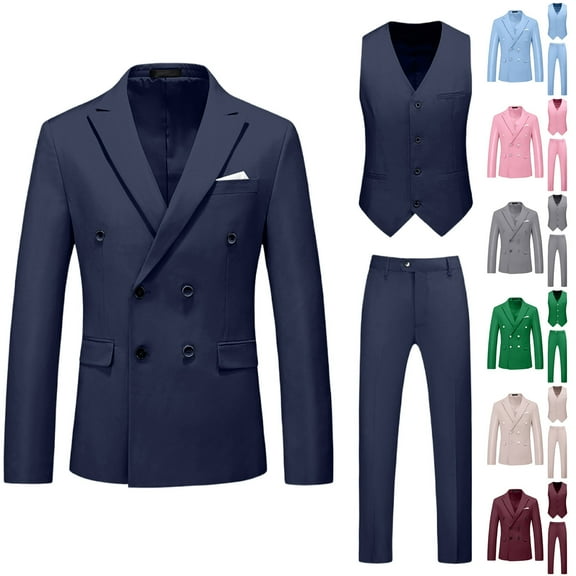 Horkkom Mens Suits 3 Piece Double Breasted Blazer Classic Fit Suit Vest Dress Pants Suits for Party Wedding and Business